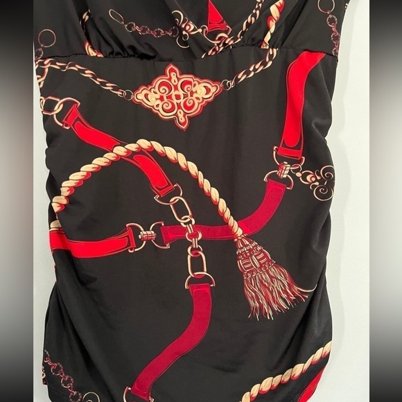 INC International Concepts - Black v-neck top with red/gold design - Picture 2 of 6